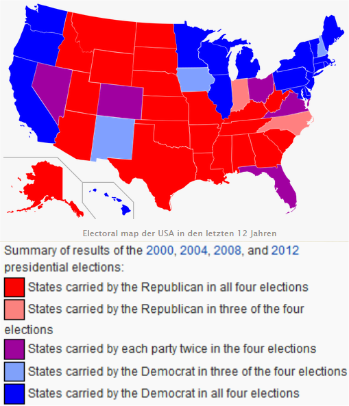 Electoral map der USA in den letzten 12 Jahren