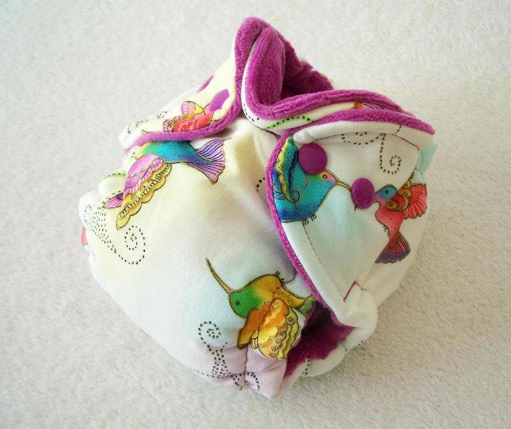 Colorful Birds with Fuchsia Cotton Velour Newborn Hybrid Cloth Diaper