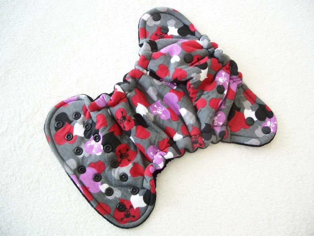 Skulls and Hearts on Gray with Black Cotton Velour Newborn Hybrid Cloth Diaper