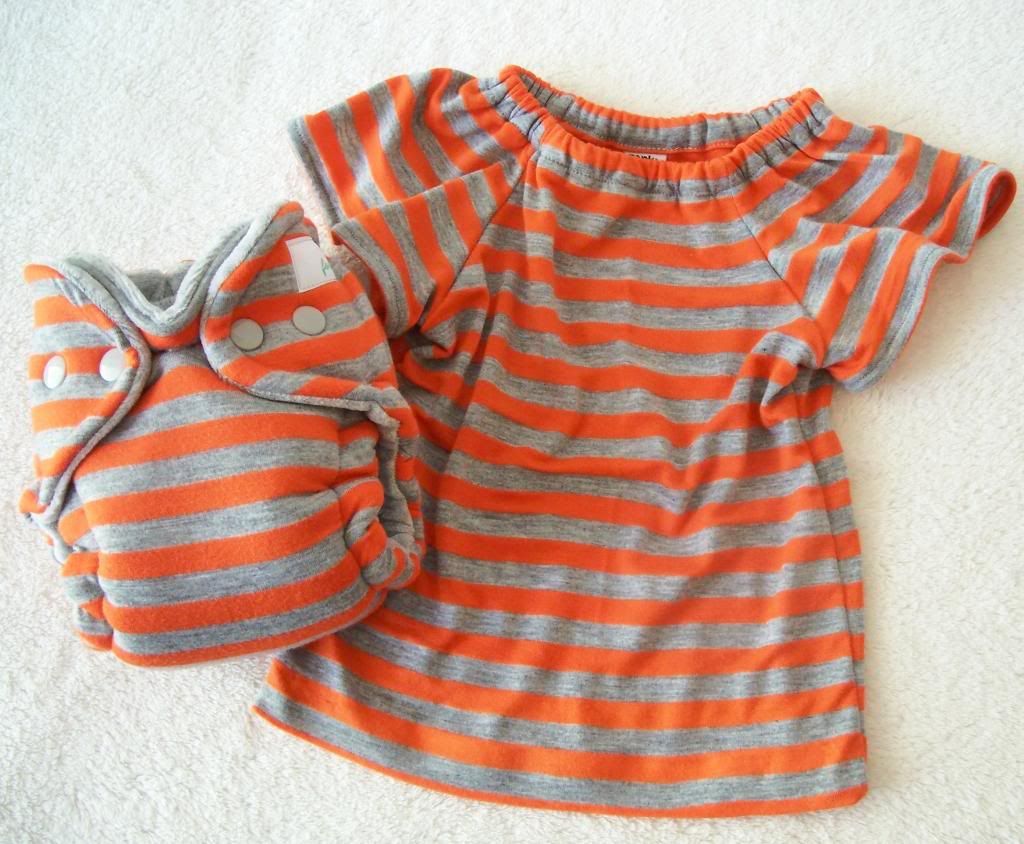 Orange & Gray Stripe Newborn Dress and Newborn Hybrid Diaper Set