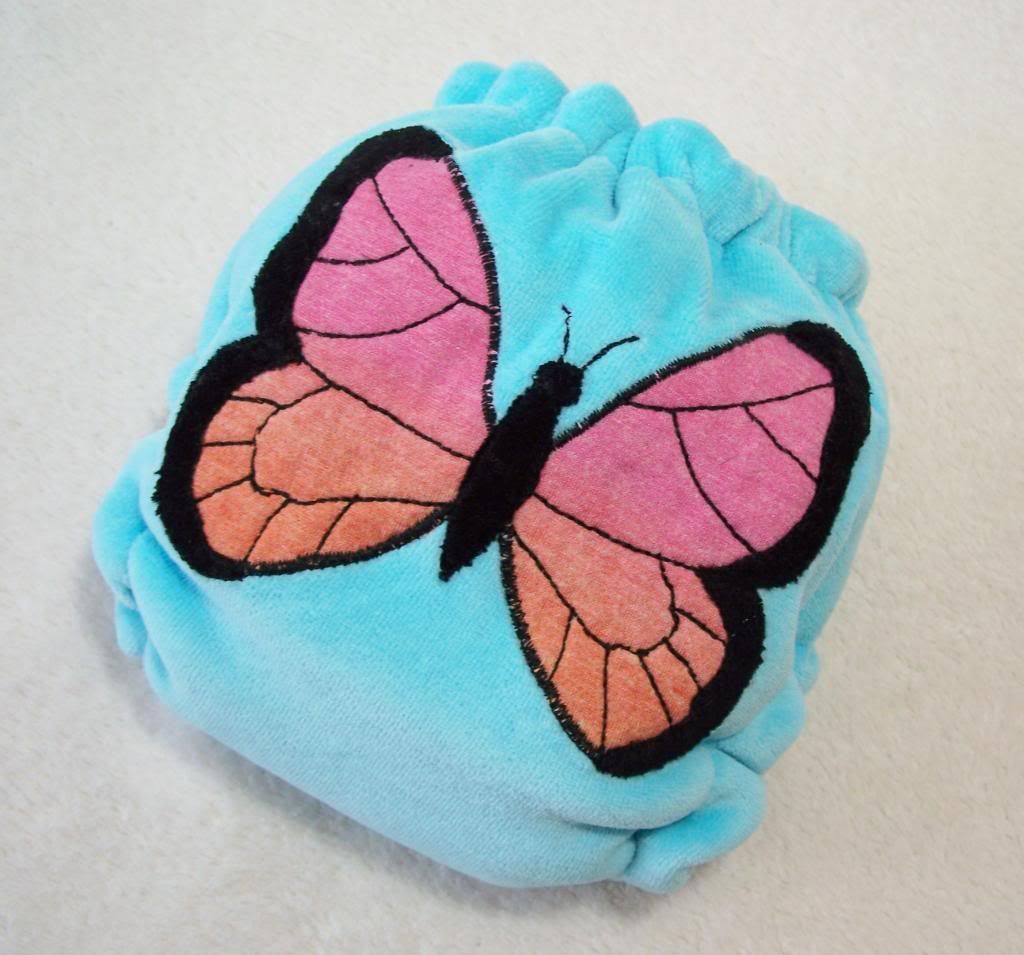 Forty41 Handmade Butterfly Applique on Aqua Cotton Velour Newborn Hybrid Cloth Diaper