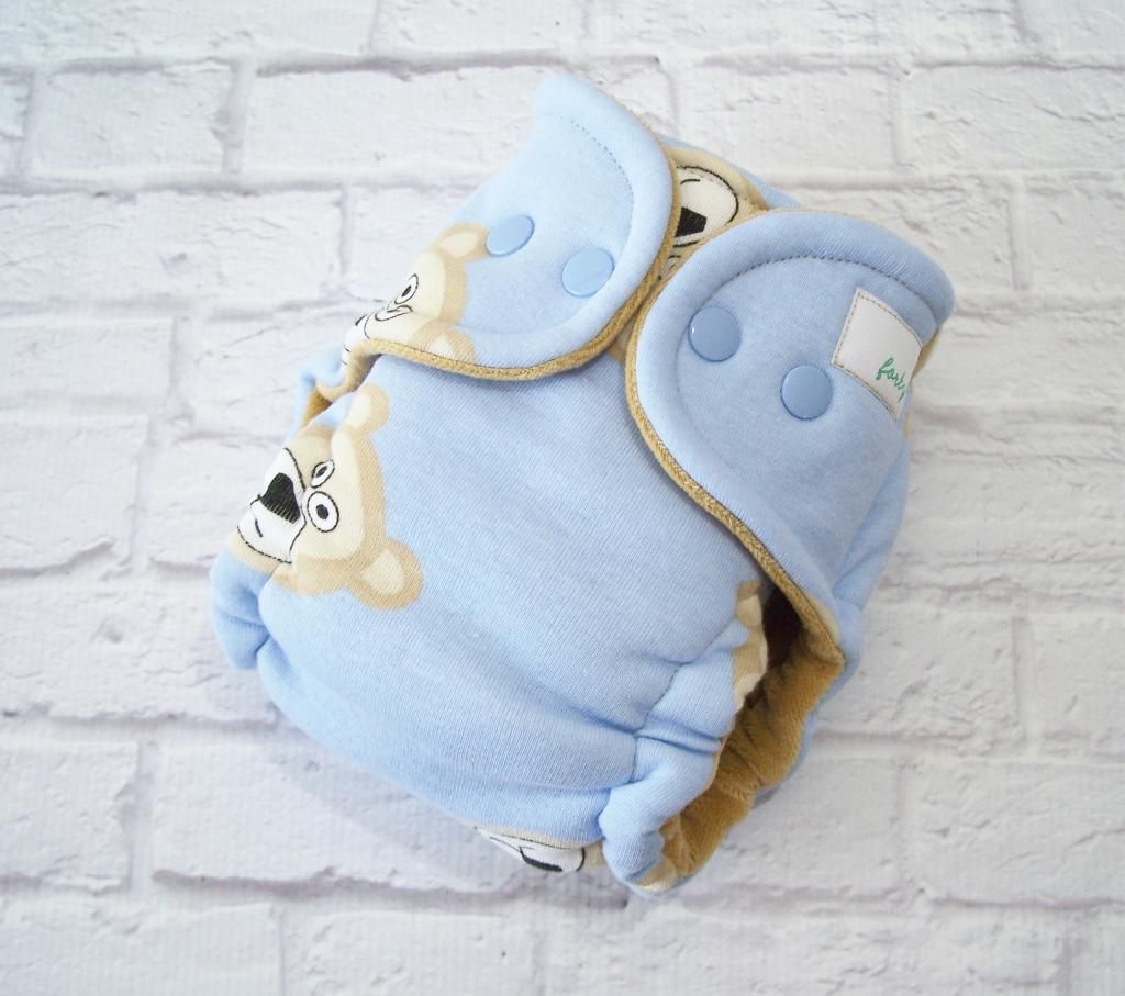 Forty41 Serious Bears on Light Blue with Camel Cotton Velour Newborn/Small Hybrid Cloth Diaper KNIT