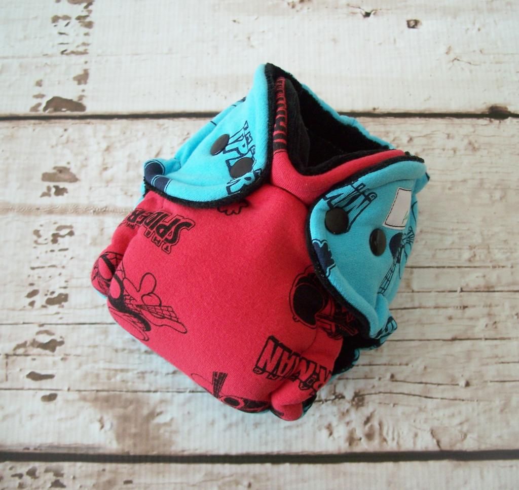 Forty41 Spider Man Split Turquoise/Red with Black Cotton Velour Newborn Hybrid Cloth Diaper KNIT