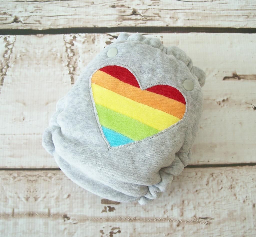 Forty41 Rainbow Striped Heart on Light Gray Cotton Velour Newborn/Small Hybrid Cloth Diaper