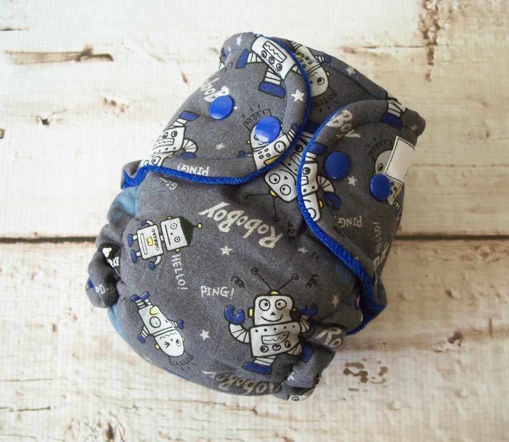 Forty41 RoboBoy Print with Royal Blue Cotton Velour Newborn/Small Hybrid Cloth Diaper WOVEN