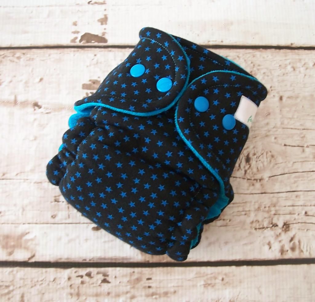 Forty41 Blue Stars on Black with Dark Turquoise Cotton Velour Newborn/Small Hybrid Cloth Diaper KNIT