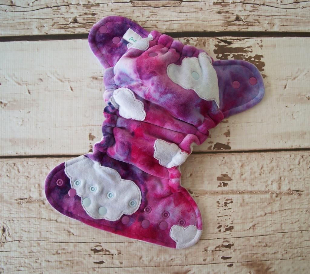 Forty41 Raspberry Ice Dye Velour with Lilac Cloud Appliques Newborn/Small Hybrid Cloth Diaper