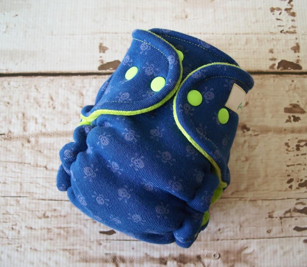 Forty41 Jolly Rogers on Royal Blue with Lime Green Cotton Velour Newborn/Small Hybrid Cloth Diaper
