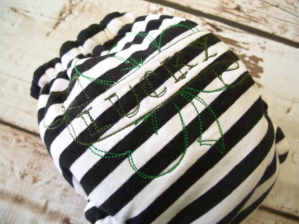 Forty41 Lucky Clover Embroidery on Black & White Stripe with Green Cotton Velour Newborn/Small Hybri