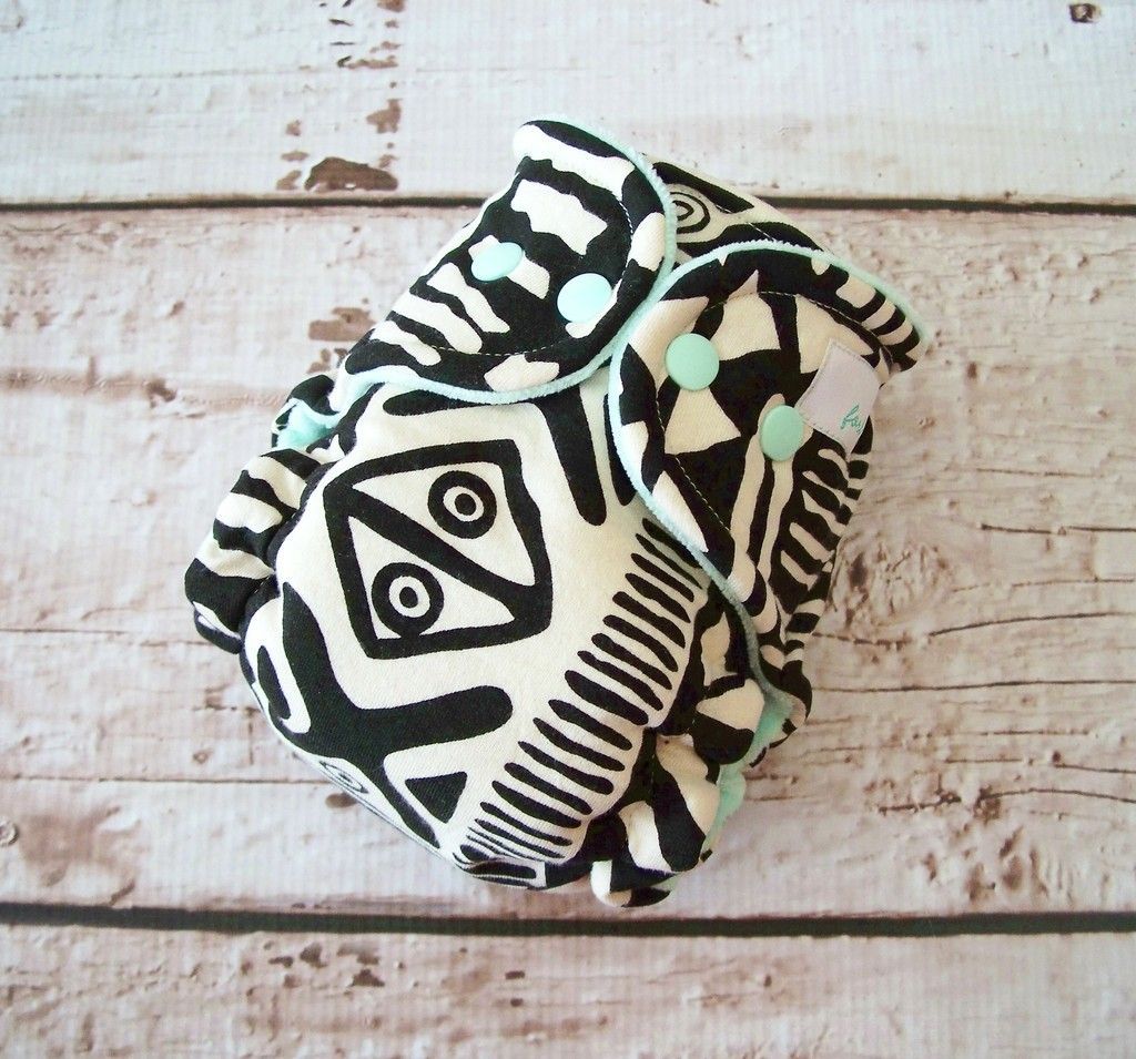Forty41 Abstract Black and Cream Print with Mint Cotton Velour Newborn/Small Hybrid Cloth Diaper KN