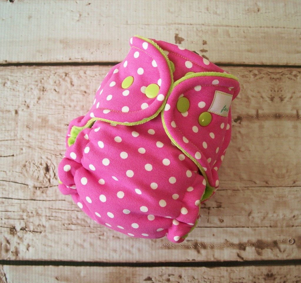 Forty41 White Dots on Pink with Lime Green Cotton Velour Newborn/Small Hybrid Cloth Diaper KNIT